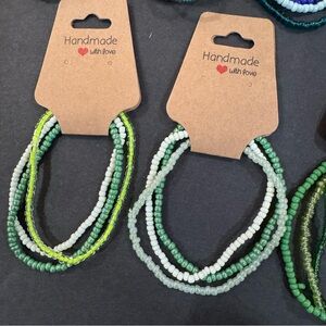 Set of 18, Handmade Seed Beaded Bracelets - Blue and Green